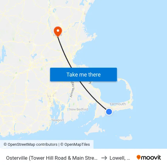 Osterville (Tower Hill Road & Main Street) to Lowell, MA map