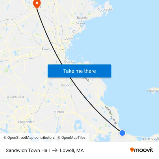 Sandwich Town Hall to Lowell, MA map