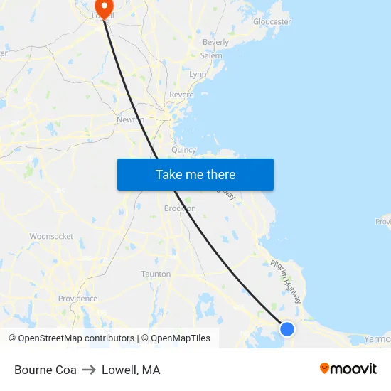 Bourne Coa to Lowell, MA map