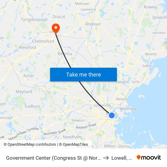 Government Center (Congress St @ North St) to Lowell, MA map