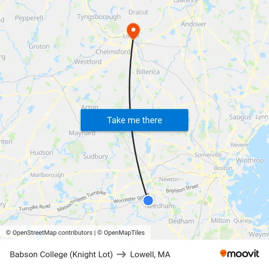 Babson College (Knight Lot) to Lowell, MA map