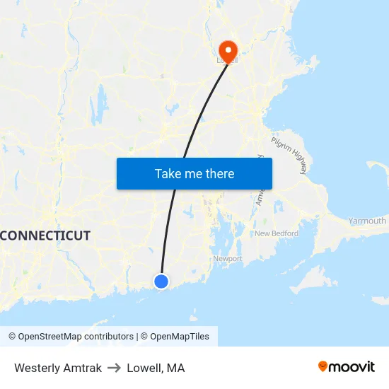 Westerly Amtrak to Lowell, MA map