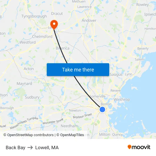 Back Bay to Lowell, MA map