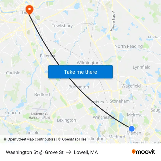 Washington St @ Grove St to Lowell, MA map