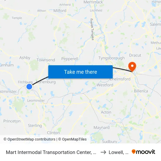 Mart Intermodal Transportation Center, Fitchburg to Lowell, MA map