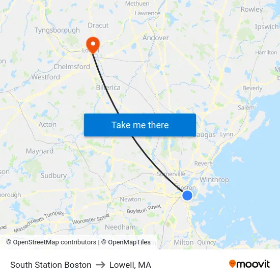South Station Boston to Lowell, MA map