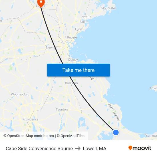 Cape Side Convenience Bourne to Lowell, MA map