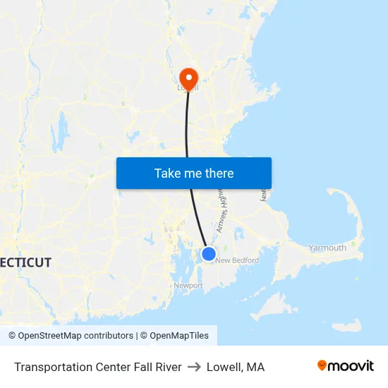 Transportation Center Fall River to Lowell, MA map