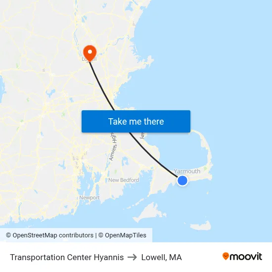 Transportation Center Hyannis to Lowell, MA map