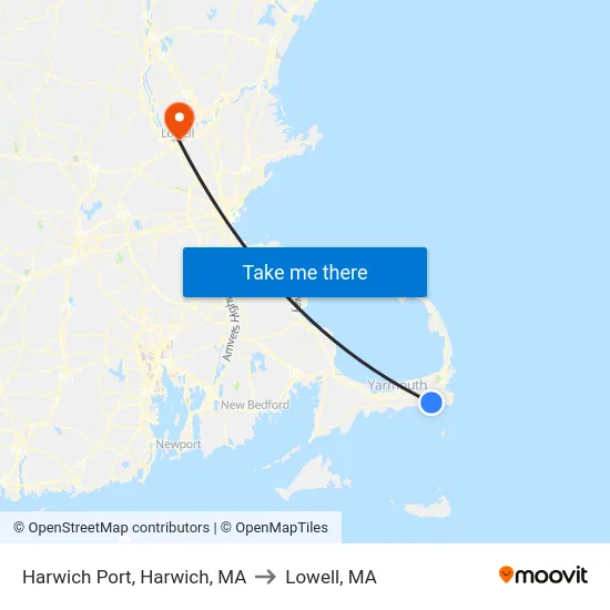 Harwich Port, Harwich, MA to Lowell, MA map