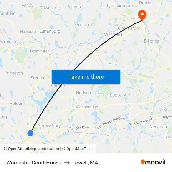 Worcester Court House to Lowell, MA map