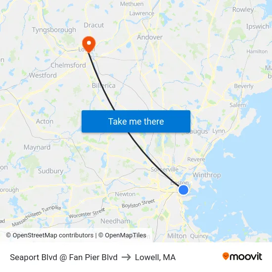 Seaport Blvd @ Fan Pier Blvd to Lowell, MA map