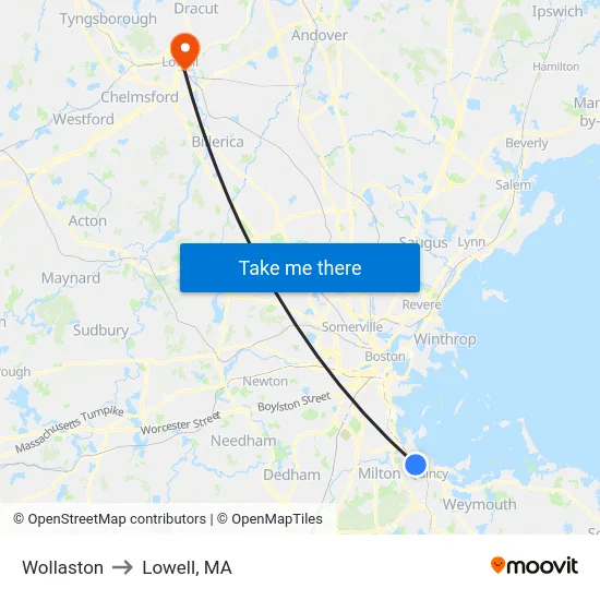 Wollaston to Lowell, MA map