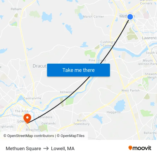 Methuen Square to Lowell, MA map