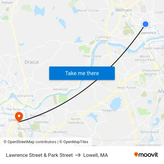 Lawrence Street & Park Street to Lowell, MA map
