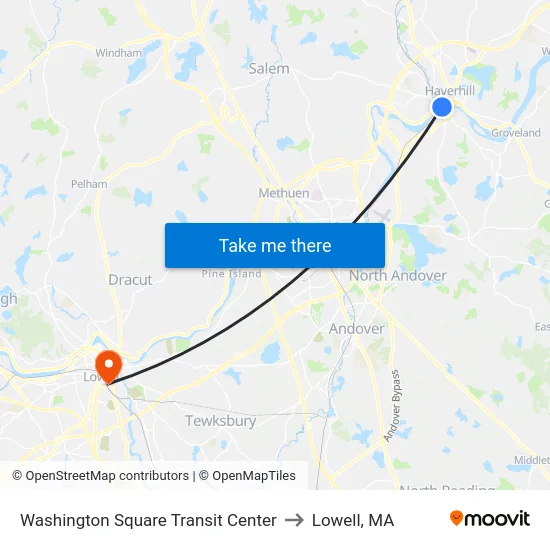 Washington Square Transit Center to Lowell, MA map