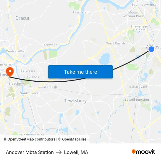 Andover Mbta Station to Lowell, MA map