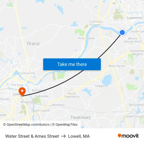 Water Street & Ames Street to Lowell, MA map