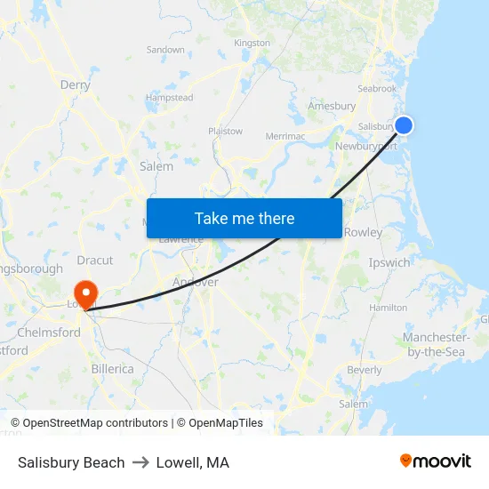 Salisbury Beach to Lowell, MA map
