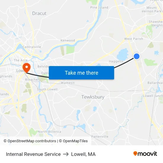 Internal Revenue Service to Lowell, MA map