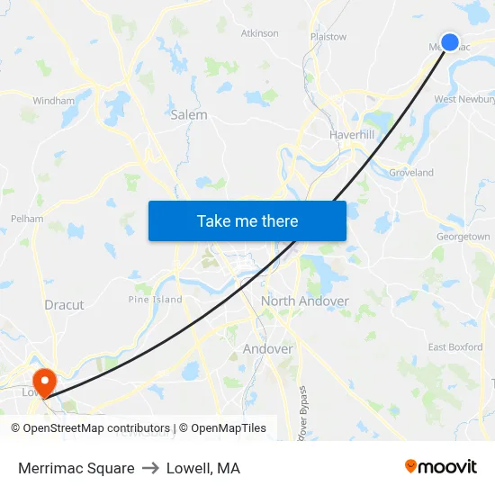 Merrimac Square to Lowell, MA map