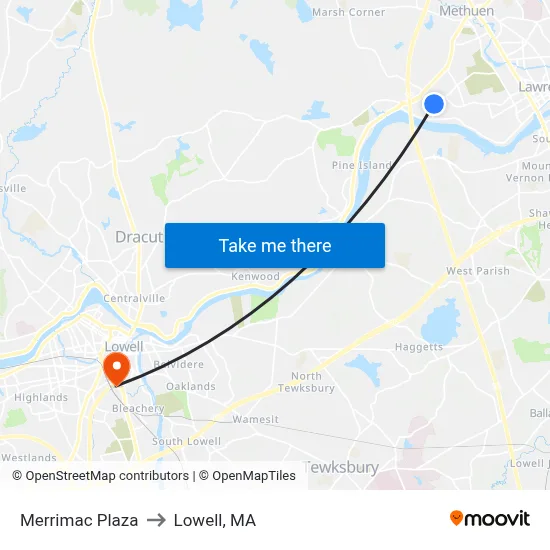 Merrimac Plaza to Lowell, MA map