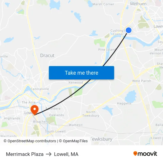 Merrimack Plaza to Lowell, MA map
