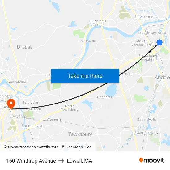 160 Winthrop Avenue to Lowell, MA map
