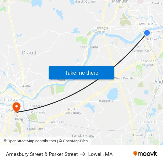 Amesbury Street & Parker Street to Lowell, MA map
