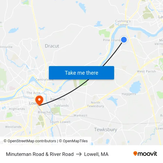 Minuteman Road & River Road to Lowell, MA map