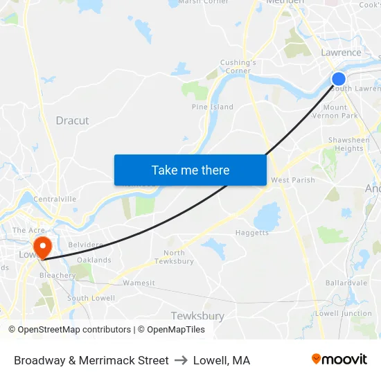 Broadway & Merrimack Street to Lowell, MA map