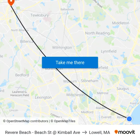 Revere Beach - Beach St @ Kimball Ave to Lowell, MA map