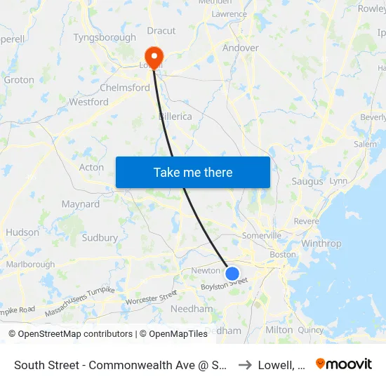 South Street - Commonwealth Ave @ South St to Lowell, MA map