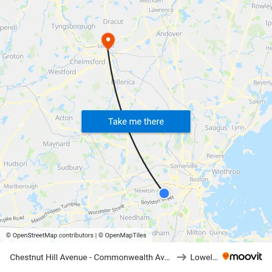 Chestnut Hill Avenue - Commonwealth Ave @ Chestnut Hill Ave to Lowell, MA map