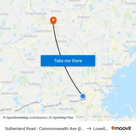 Sutherland Road - Commonwealth Ave @ Colborne Rd to Lowell, MA map