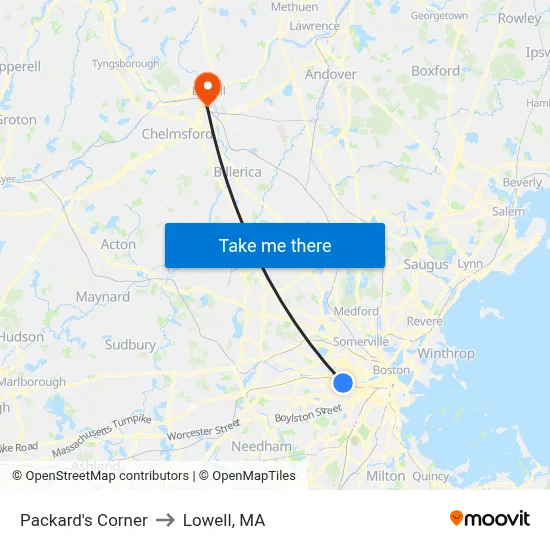 Packard's Corner to Lowell, MA map