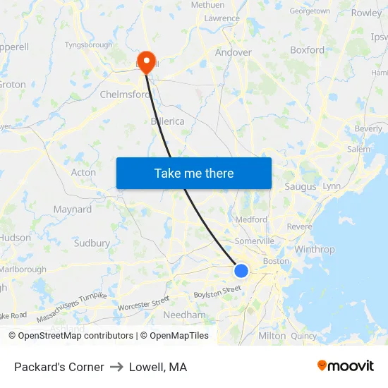 Packard's Corner to Lowell, MA map
