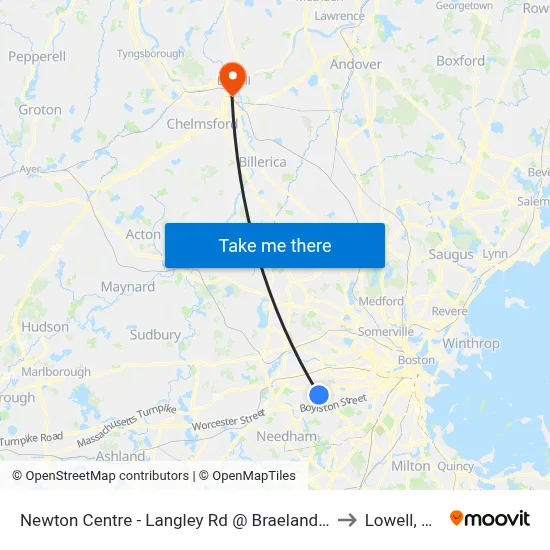 Newton Centre - Langley Rd @ Braeland Ave to Lowell, MA map