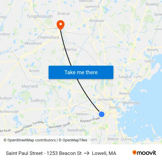 Saint Paul Street - 1253 Beacon St to Lowell, MA map