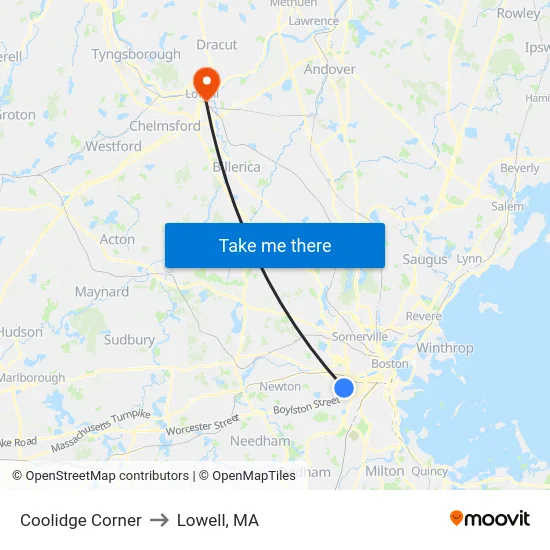 Coolidge Corner to Lowell, MA map