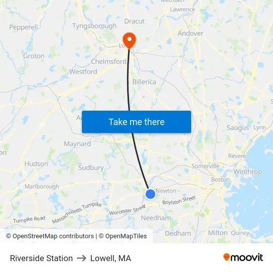 Riverside Station to Lowell, MA map