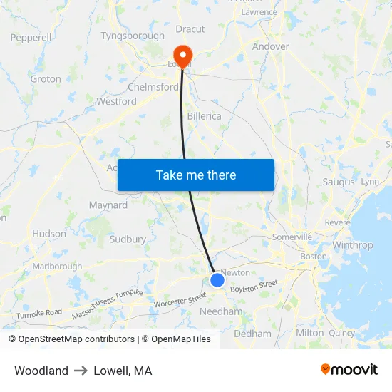 Woodland to Lowell, MA map