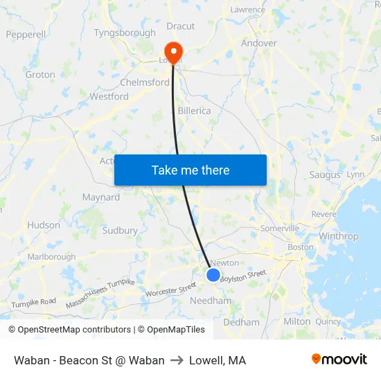 Waban - Beacon St @ Waban to Lowell, MA map
