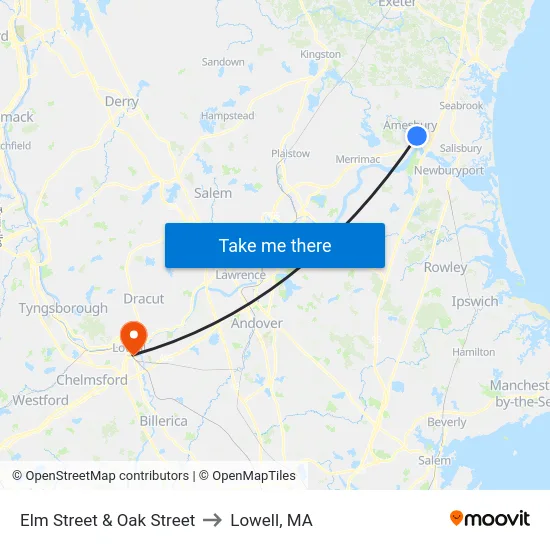 Elm Street & Oak Street to Lowell, MA map