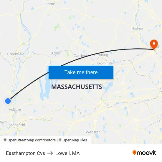 Easthampton Cvs to Lowell, MA map