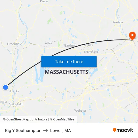 Big Y Southampton to Lowell, MA map