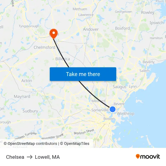 Chelsea to Lowell, MA map