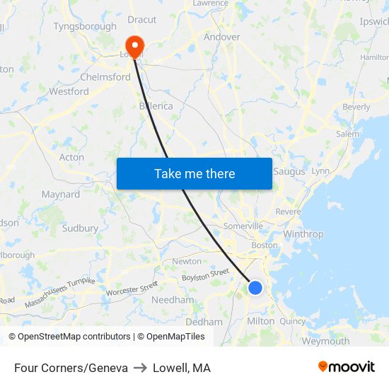 Four Corners/Geneva to Lowell, MA map