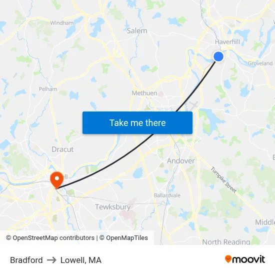 Bradford to Lowell, MA map