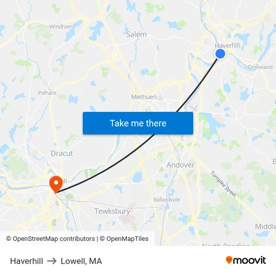 Haverhill to Lowell, MA map